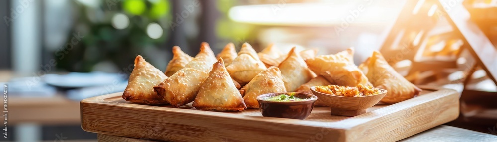 Crispy Samosas Served with Chutney in an Indian Cuisine Setup Indian food cuisine Crispy Samosas Served with Chutney in an Indian Cuisine Setup Indian food cuisine