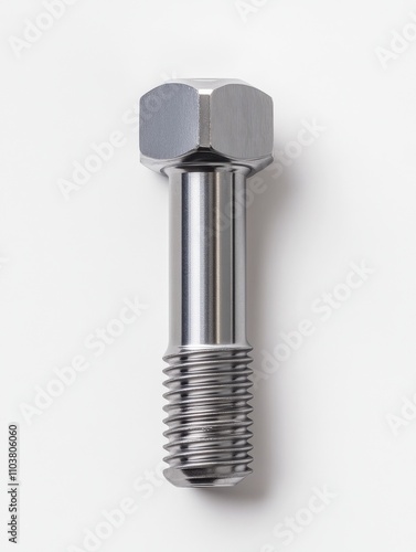 A shiny stainless steel bolt with hexagonal head and threaded body, perfect for engineering or industrial designs.. photo