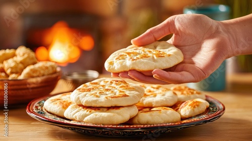 Hand Reaching for Freshly Baked Flatbread on a Rustic Table Indian food cuisine