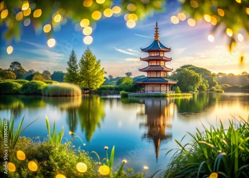 Serene View of Willen Park with Peace Pagoda Temple in Milton Keynes, England, Showcasing Bokeh Effect for a Tranquil and Scenic Atmosphere in Nature Photography photo