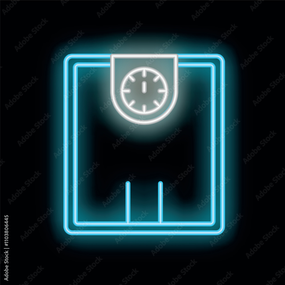 Neon bathroom scale glowing on dark background, concept of weight loss or healthy lifestyle Neon bathroom scale glowing on dark background, concept of weight loss or healthy lifestyle