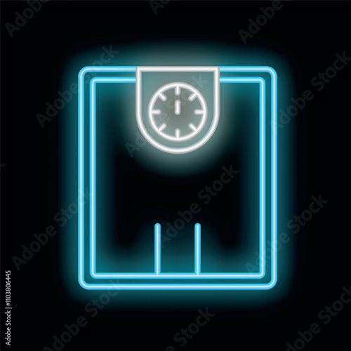 Neon bathroom scale glowing on dark background, concept of weight loss or healthy lifestyle