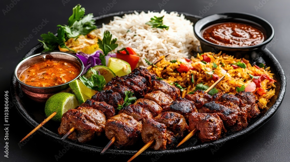 Savory Grilled Kebabs with Rice and Spicy Sauce on Dark Background Indian food cuisine Savory Grilled Kebabs with Rice and Spicy Sauce on Dark Background Indian food cuisine