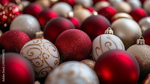 A festive arrangement of red, white, and gold Christmas ornaments, highlighting their shimmering and glittering details for holiday cheer.. photo