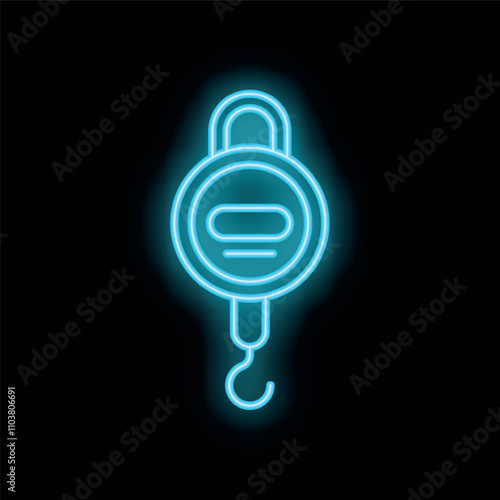 Blue neon sign icon of a suspended industrial scale glowing on a black background