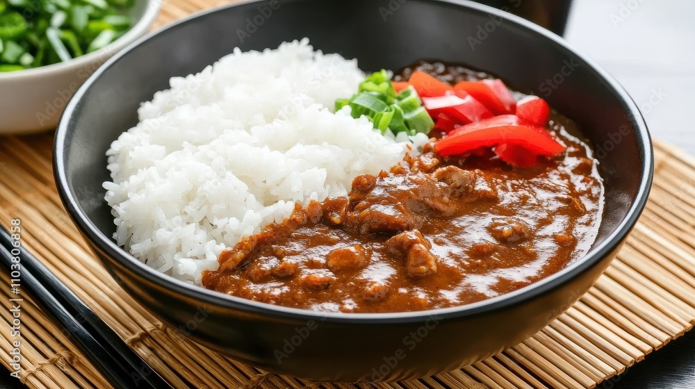 Delicious Curry Dish Served with White Rice and Fresh Vegetables Indian food cuisine Delicious Curry Dish Served with White Rice and Fresh Vegetables Indian food cuisine