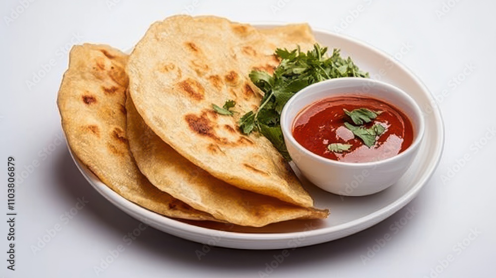 Delicious Flatbread with Spicy Sauce and Fresh Herbs on a Plate Indian food cuisine Delicious Flatbread with Spicy Sauce and Fresh Herbs on a Plate Indian food cuisine