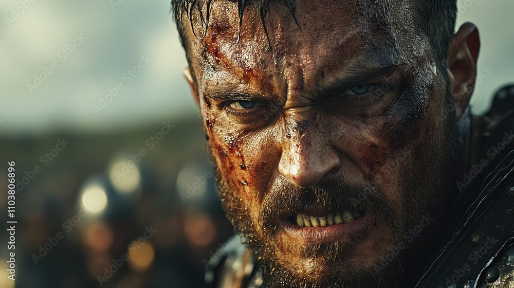 A fierce warrior with a determined expression, showing battle scars and intense emotion. A fierce warrior with a determined expression, showing battle scars and intense emotion.