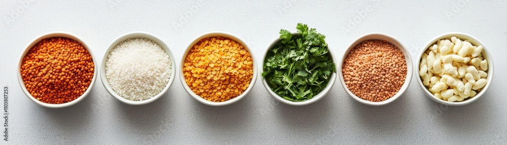 Assorted Lentils and Spices in Bowls Arranged on White Surface Indian food cuisine Assorted Lentils and Spices in Bowls Arranged on White Surface Indian food cuisine