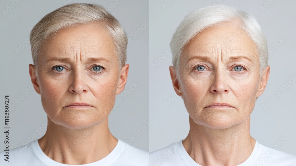 Side-by-side comparison of a mature woman’s face, depicting changes and effects of aging in a realistic and detailed way.. Side-by-side comparison of a mature woman’s face, depicting changes and effects of aging in a realistic and detailed way..
