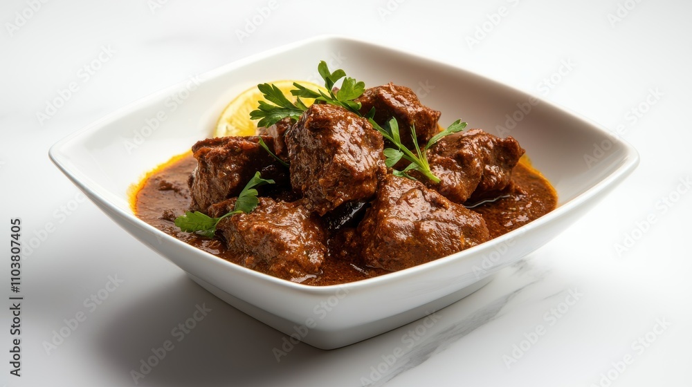 Delicious beef stew with fresh herbs served in a white bowl Indian food cuisine Delicious beef stew with fresh herbs served in a white bowl Indian food cuisine