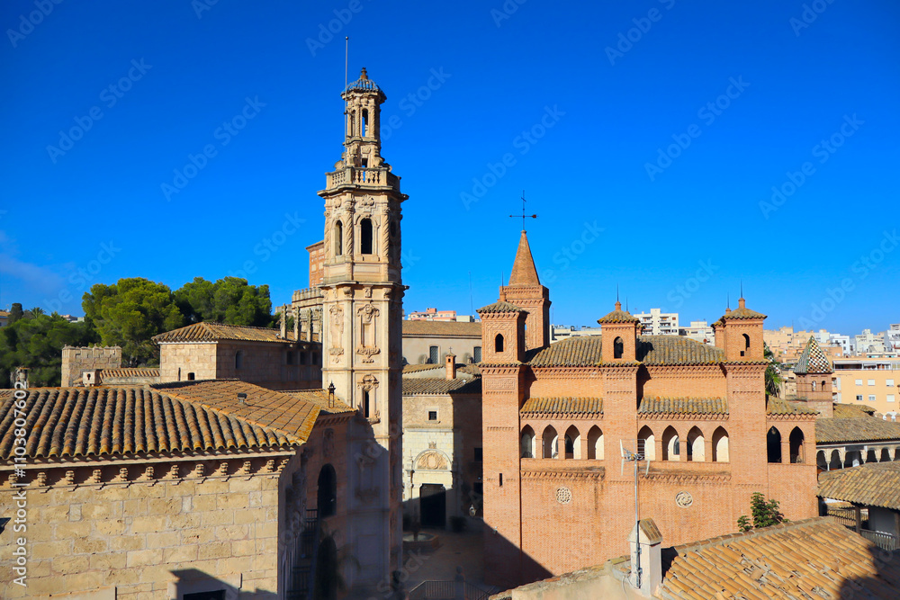 Tower of the Church of Santa Catalina from Valencia in Museum Spanish Village Mallorca (or Poble Espanyol de Mallorca) in Palma, Mallorca, Spain Tower of the Church of Santa Catalina from Valencia in Museum Spanish Village Mallorca (or Poble Espanyol de Mallorca) in Palma, Mallorca, Spain