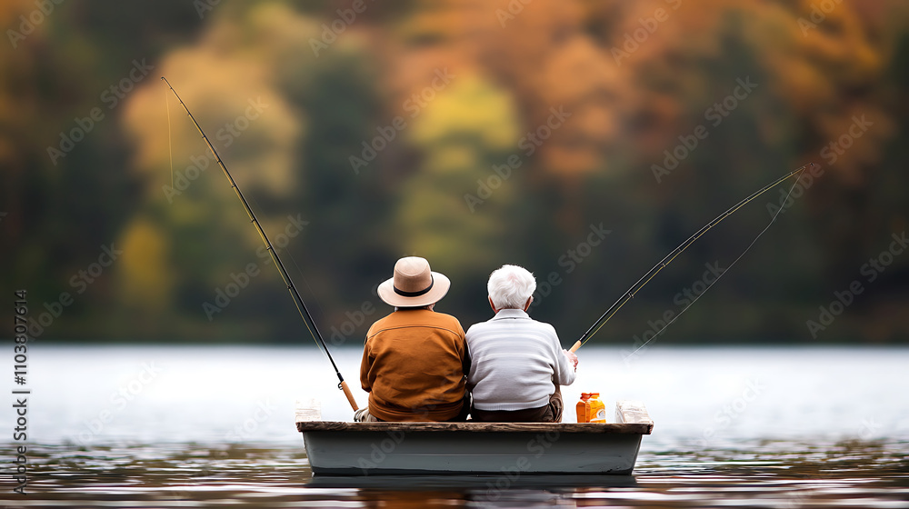 Fishing on quiet lake, two elderly men enjoy peaceful moment together. Surrounded by autumn colors, they share bond while casting their lines Fishing on quiet lake, two elderly men enjoy peaceful moment together. Surrounded by autumn colors, they share bond while casting their lines