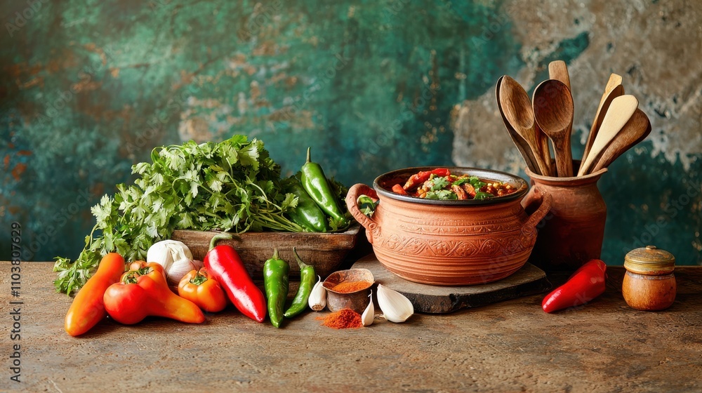 Fresh Ingredients and Traditional Pot for Cooking on Wooden Table Indian food cuisine Fresh Ingredients and Traditional Pot for Cooking on Wooden Table Indian food cuisine