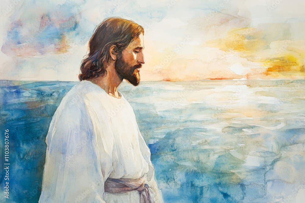 Jesus with a peaceful expression, standing in front of a calming sea at dawn. The watercolor uses soft blues, whites, and pale yellows to convey serenity, spiritual guidance, and divine peace. Jesus with a peaceful expression, standing in front of a calming sea at dawn. The watercolor uses soft blues, whites, and pale yellows to convey serenity, spiritual guidance, and divine peace.