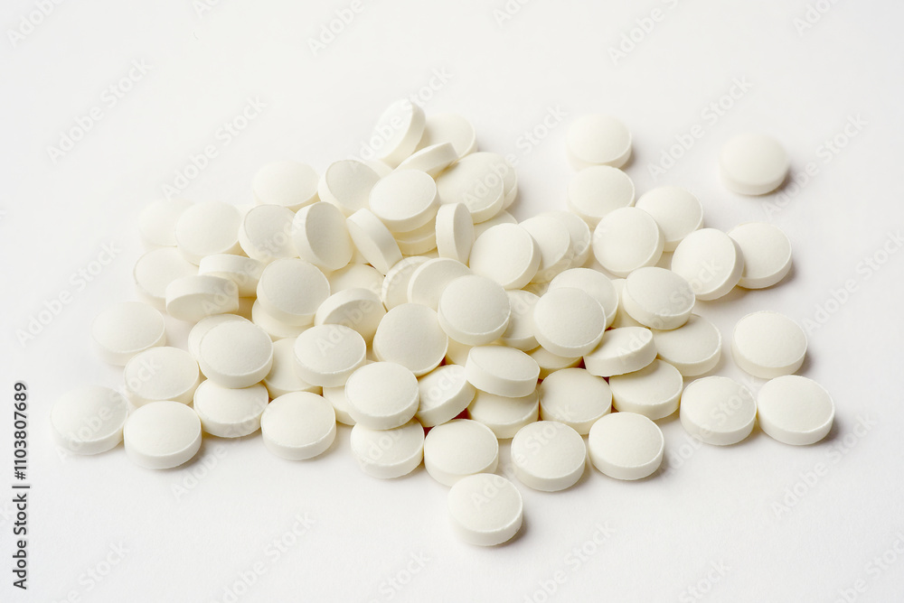 Close up photograph of a pile of white round shaped vitamin, tablets or pills isolated on light background Close up photograph of a pile of white round shaped vitamin, tablets or pills isolated on light background