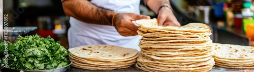 Chef Preparing Fresh Flatbread with Herbs at Street Food Market Indian food cuisine
