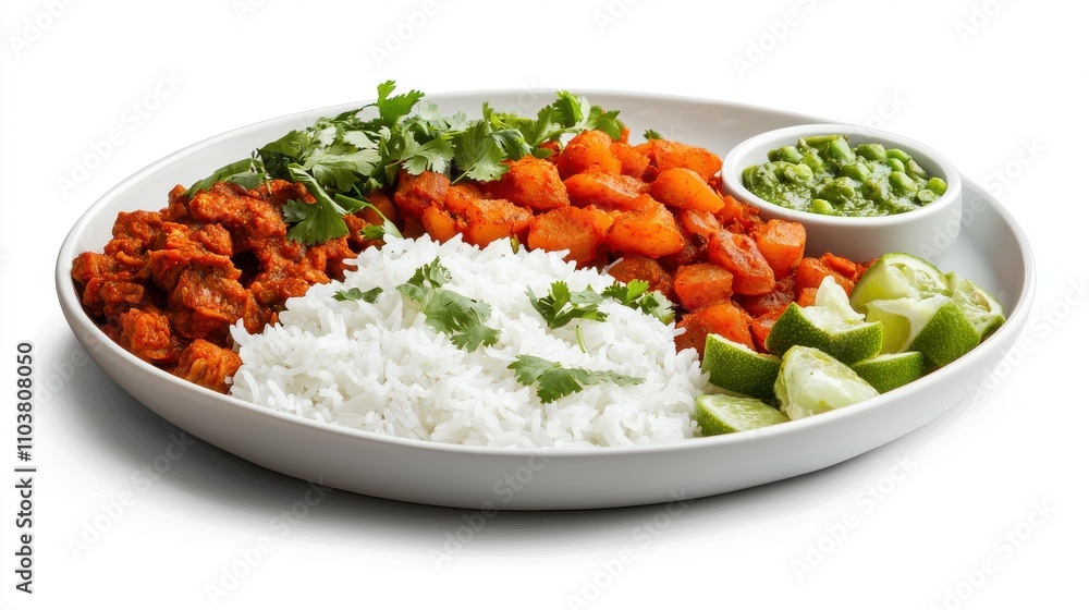 Vibrant Plate of Spicy Chicken with Rice and Fresh Vegetables Indian food cuisine Vibrant Plate of Spicy Chicken with Rice and Fresh Vegetables Indian food cuisine