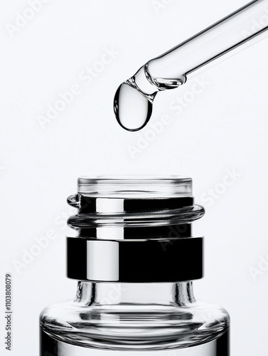 A close-up of a transparent glass pipette releasing a single drop of liquid, symbolizing precision and purity in science or skincare.. photo