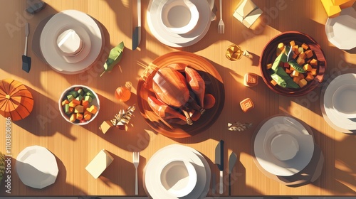 Low Poly Thanksgiving Dinner Table: Overhead View with Festive Decorations, Warm Autumn Colors, and Rustic Charm. Ideal for Seasonal Greetings and Marketing.