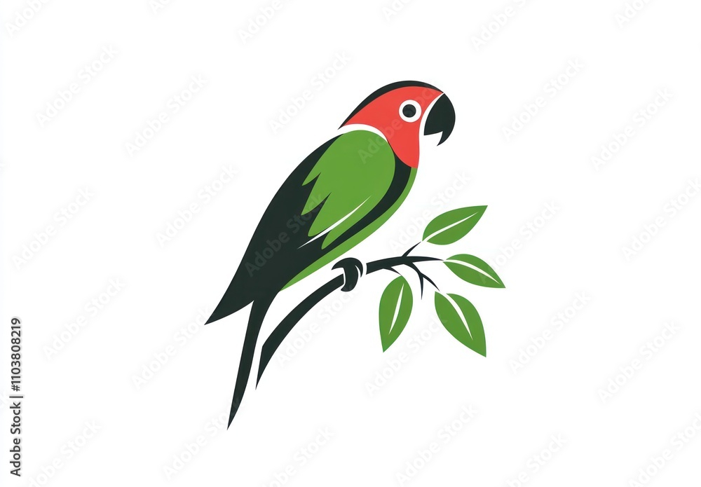 Here's a possible and keyword list for your stock photo.. Green and red parrot perched on a branch with leaves. Here's a possible and keyword list for your stock photo.. Green and red parrot perched on a branch with leaves.