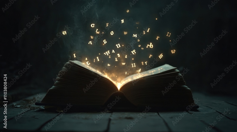 Fototapeta premium An open book with glowing letters emerging from it.