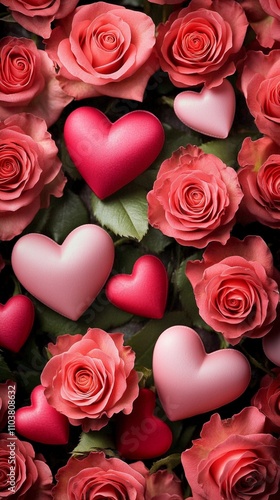 Romantic composition of vibrant pink roses intertwined with glossy red and soft pink heart shapes, creating a lush, passionate Valentine's Day or love-themed backdrop.