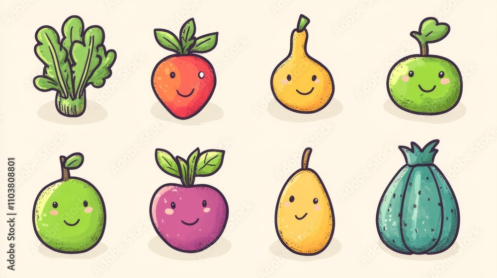 Cute Cartoon Fruits and Vegetables Illustration Cute Cartoon Fruits and Vegetables Illustration