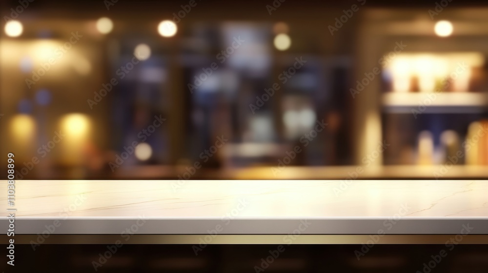 Empty marble countertop, blurred restaurant background. Empty marble countertop, blurred restaurant background.