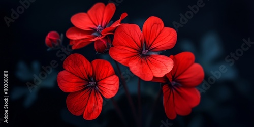 Vibrant red flowers in full bloom contrast beautifully against a dark background, creating a striking visual of blooming red flowers that captures attention and evokes emotion. photo