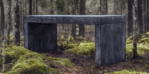 worn gray desk made of wood in a serene forest space, creating a tranquil atmosphere perfect for reflection and creativity the worn gray desk blends beautifully with the forest space surroundings.