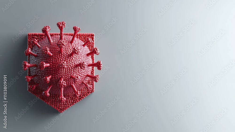 Red Shield with Virus Model on Gray Background Representing Protection Against Infectious Diseases and Public Health Awareness in Pandemic Situations