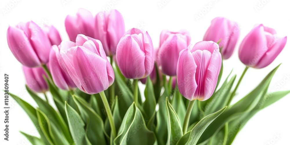 Fototapeta premium Vibrant bouquet of stunning pink tulips displayed against a clean white background, showcasing the beauty of pink tulips for floral arrangement enthusiasts and nature lovers alike.