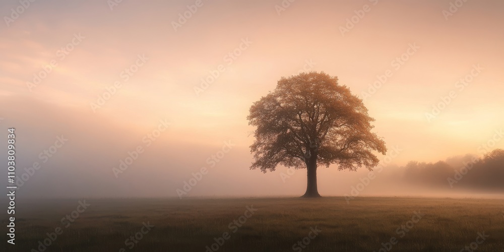 Obraz premium Solitary tree stands in a field at dawn, bathed in the soft light of early morning. This lonely tree creates a serene landscape that s perfect for capturing the beauty of nature at dawn.