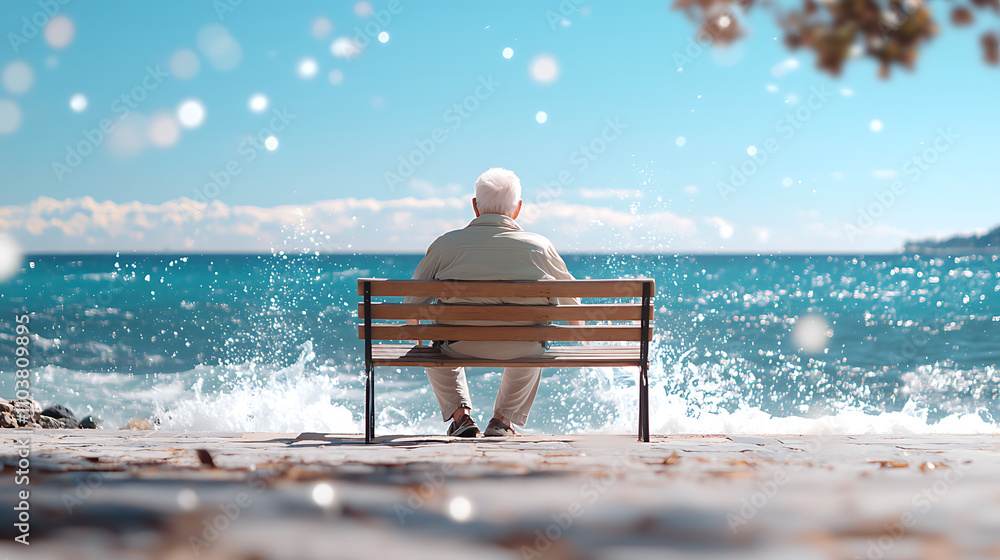 elderly man relaxing on bench by seaside, enjoying calming waves and beautiful scenery. serene atmosphere evokes sense of peace and tranquility elderly man relaxing on bench by seaside, enjoying calming waves and beautiful scenery. serene atmosphere evokes sense of peace and tranquility
