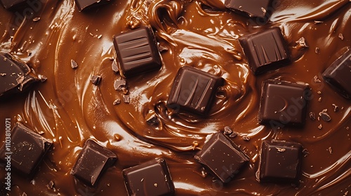 A close-up of melted chocolate with dark chocolate squares, showcasing a rich, indulgent texture.