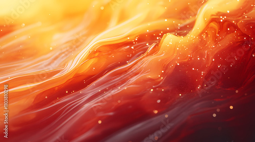 Energetic mix of fiery reds and yellows in a flowing liquid storm.