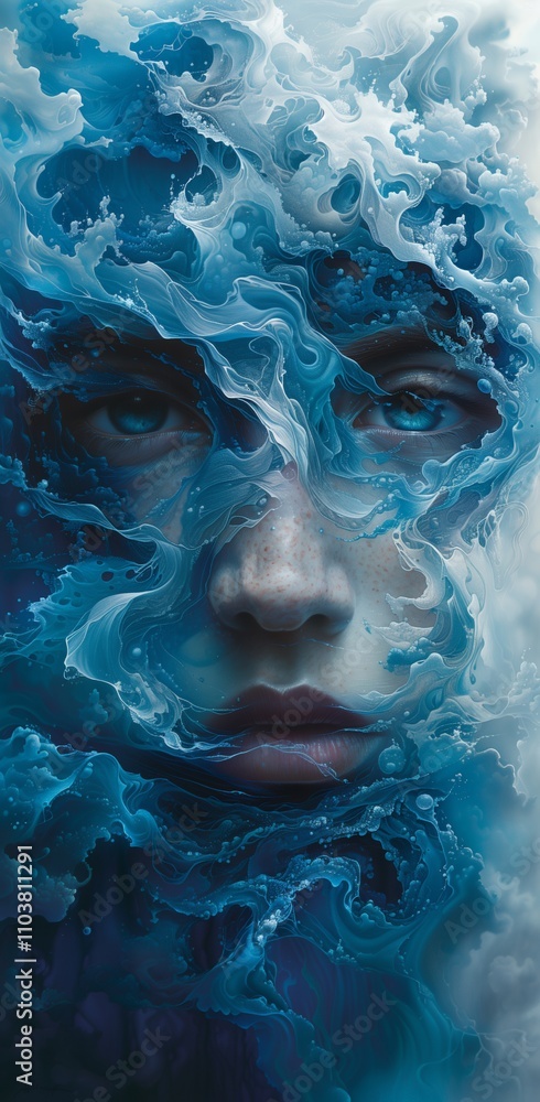 A face emerges amidst swirling blue waves, blending human features with oceanic elements. A face emerges amidst swirling blue waves, blending human features with oceanic elements.