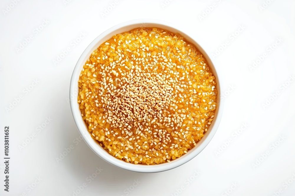 Golden Luqaimat or Qaymat topped with sesame seeds served in bowl isolated on white table top view of arabic dessert food Golden Luqaimat or Qaymat topped with sesame seeds served in bowl isolated on white table top view of arabic dessert food