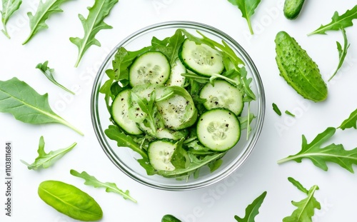 Slices of fresh cucumber and arugula leaves are neatly placed in a transparent bowl against a light backdrop, perfect for a healthy dish or salad.