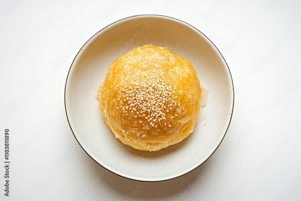 Golden Luqaimat or Qaymat topped with sesame seeds served in bowl isolated on white table top view of arabic dessert food Golden Luqaimat or Qaymat topped with sesame seeds served in bowl isolated on white table top view of arabic dessert food