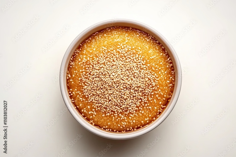 Golden Luqaimat or Qaymat topped with sesame seeds served in bowl isolated on white table top view of arabic dessert food Golden Luqaimat or Qaymat topped with sesame seeds served in bowl isolated on white table top view of arabic dessert food