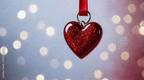 Glittering love red heart ornament hang on luminous bokeh light background, happy valentines day special decoration for bonding relationship connection crush lover anniversary  photo