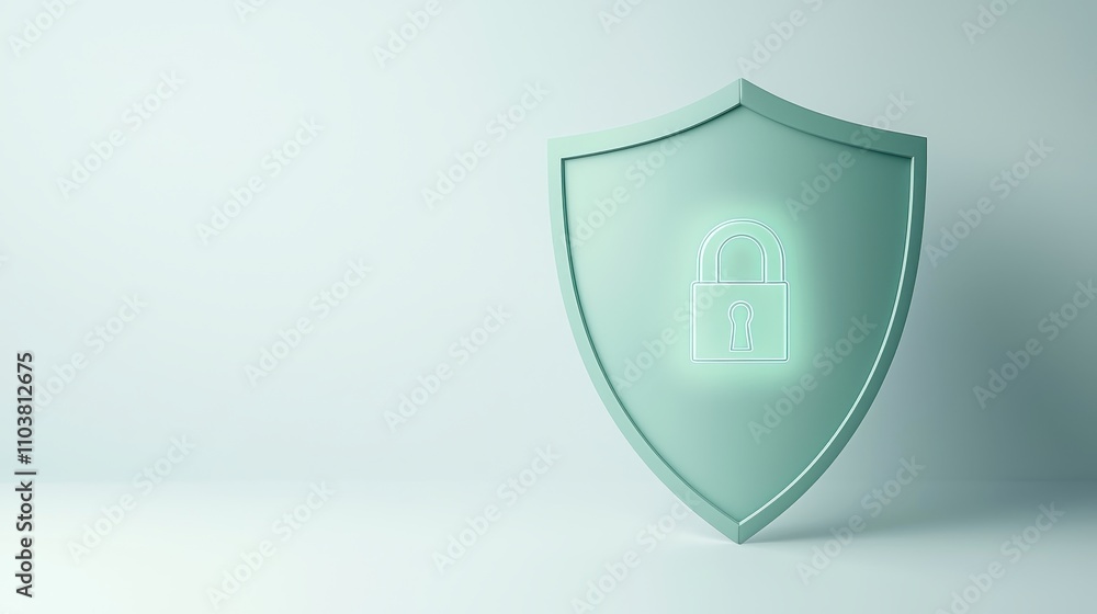 Modern Digital Security Shield Icon Featuring a Lock Symbol on a Minimalistic Light Background for Cybersecurity and Data Protection Concepts