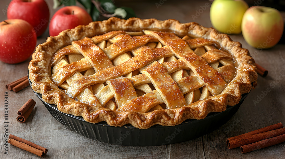 Delicious homemade apple pie with a lattice crust, surrounded by fresh apples and cinnamon sticks. Delicious homemade apple pie with a lattice crust, surrounded by fresh apples and cinnamon sticks.