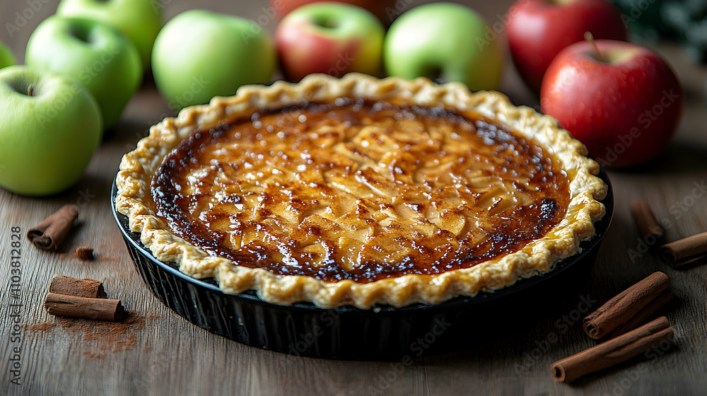 Delicious homemade apple pie with cinnamon sticks and fresh apples. Delicious homemade apple pie with cinnamon sticks and fresh apples.