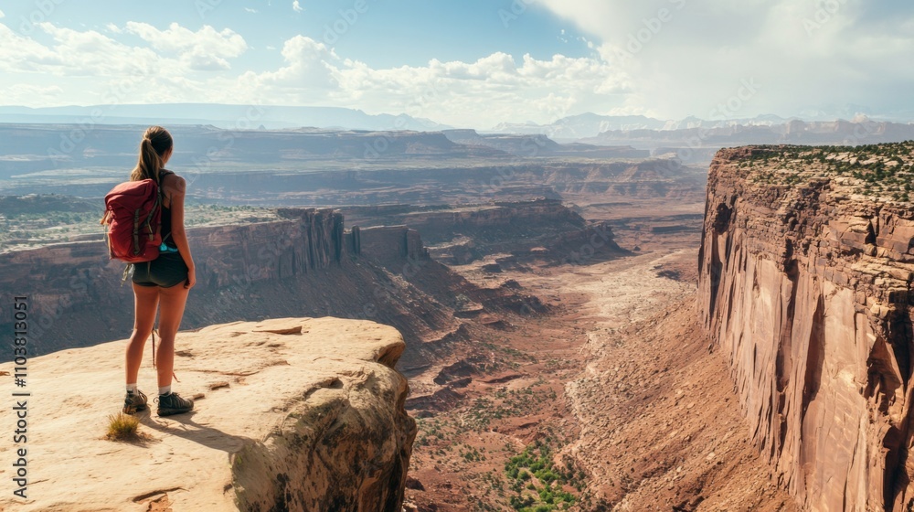 Naklejka premium Awe-inspiring Canyon Vista: A Woman Contemplates the Majestic Landscape. Hiking Adventure in a Stunning Natural Setting