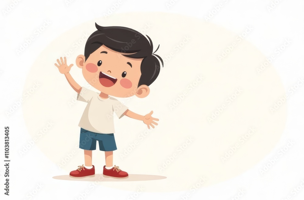 A joyful young boy with dark hair is waving enthusiastically. He wears a simple white t-shirt and blue shorts, standing against a soft, neutral background, radiating happiness and innocence.Copy space A joyful young boy with dark hair is waving enthusiastically. He wears a simple white t-shirt and blue shorts, standing against a soft, neutral background, radiating happiness and innocence.Copy space