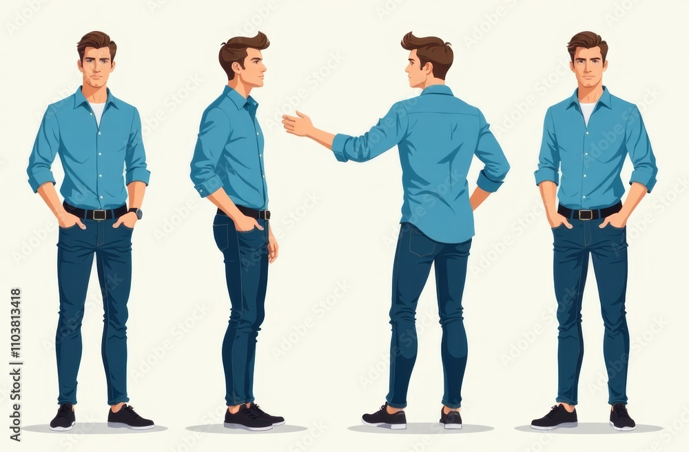 Obraz premium A male character is depicted in multiple poses, showcasing different angles and expressions. He wears a blue shirt, slim jeans, and black shoes, embodying a modern, casual look.