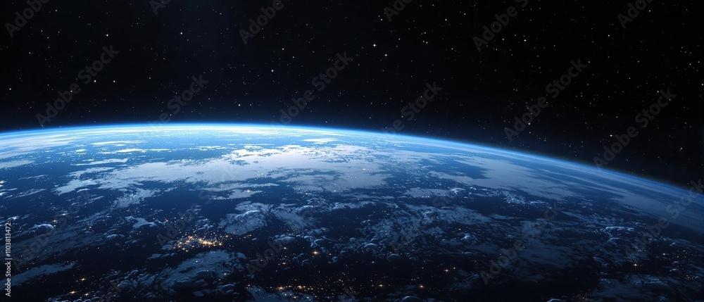 Obraz premium An orbital view of Earth from afar, showing its pale blue hue against the inky blackness of space, with a few distant stars twinkling like diamonds, stars, blackness, Earth